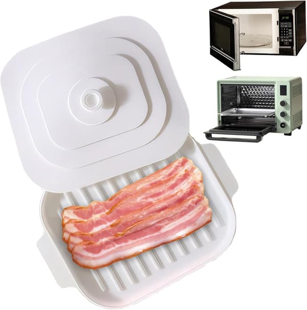 [LCS] Microwave Bacon Tray, 30 x 20 x 0.8 cm Silicone Bacon Pan with Lid and Handle, Crispy Bacon Maker