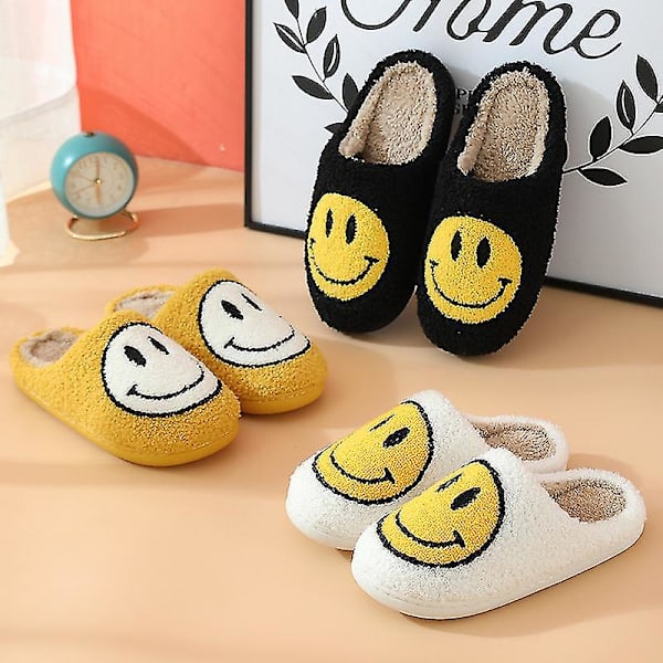 Slippers med smilefjes i plysjbomull, dame, hjemme, søte, tykksålede, tegneserie, sklisikre Yellow 43-44