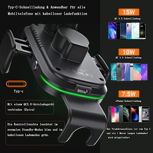 15W Hurtig Trådløs Biloplader med Opladningsfunktion, Automatisk Induktionsmotorbetjening, Qi-Opladningsstation, til iPhone Samsung Huawei LG osv.