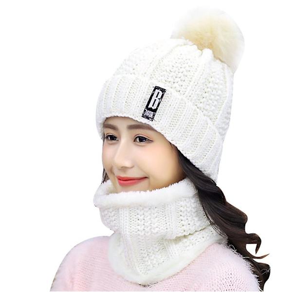 Dam Vinter Varm Hatt Halsduk Set Plus Sammet Stickad Ull Pompom Mössor Julklappar White