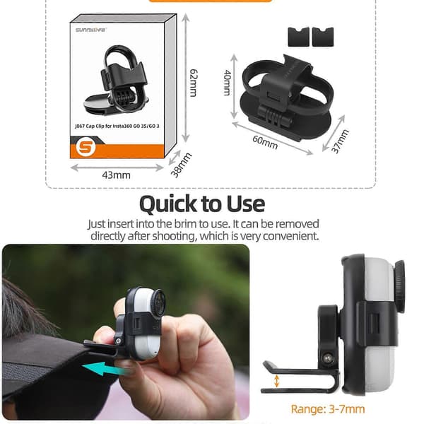 Insta360 GO3 / GO 3S Sunnylife Baseball Hat Clip Mount Baseball Cap Clamp Quick Release Mount Camera POV Vlog Holder (Musta) Black
