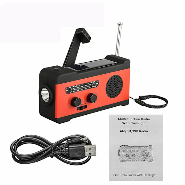 Nödladdare med Solceller, Vevradio, Väderradio, Laddare och Ficklampa