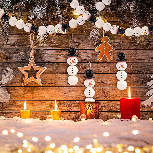 Träpärlor för 50 set snögubbar med 10m bomullsband 20mm snögubbe ansikte träpärlor set för DIY hantverk jul vinterdekorationer