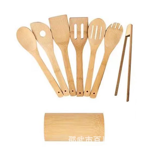 Köksredskap i Bambu - 8-delars Köksredskapsset med Ställ - Träslev för Matlagning och Non-Stick Köksutrustning