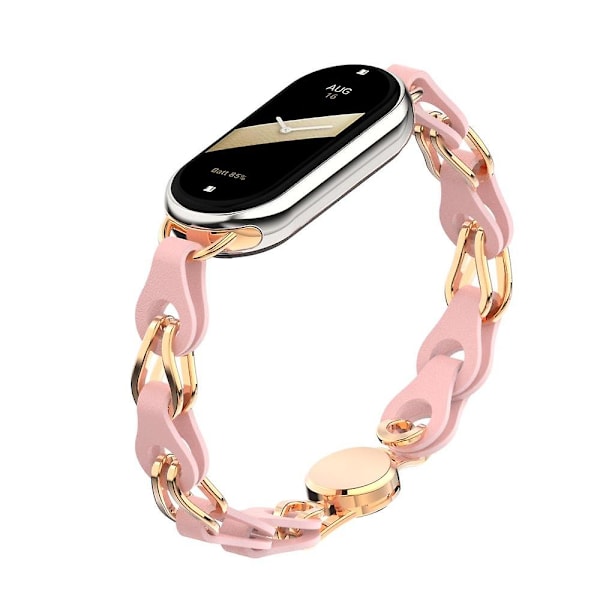 For Xiaomi Smart Band 8 Magnetisk Klokke Ekte Kuskinn+Aluminiumslegering Kjede Armbånd Pink