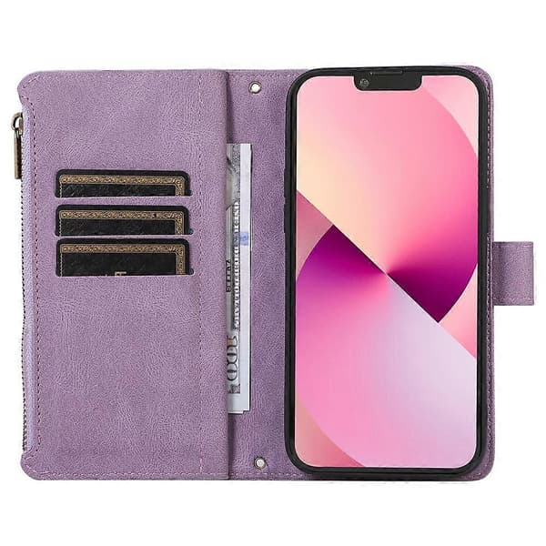Kompatibelt etui til iPhone 11 Pro med lynlåslomme, læder, 9 kortpladser og håndledsrem Purple