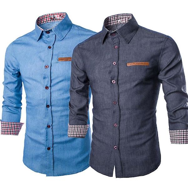 Mode Herr Denim Jeans Skjorta Casual Långärmad Slim Fit Bomull Toppar Skjortor L