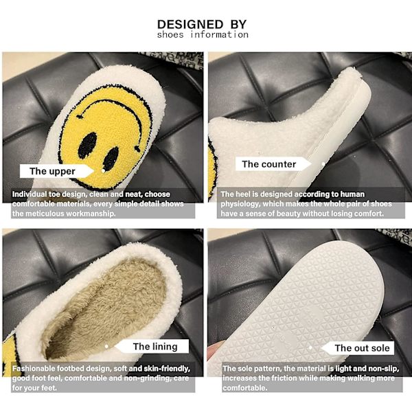 Smiley tofflor, retro mjuka plysch lätta tofflor slip-on mysiga inomhus utomhus tofflor Black 8 wide