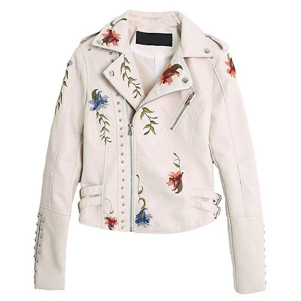 Floral Night Læderjakke Dame Faux Læderjakker Casual Kort Frakke Til Forår Efterår Og Beige XL