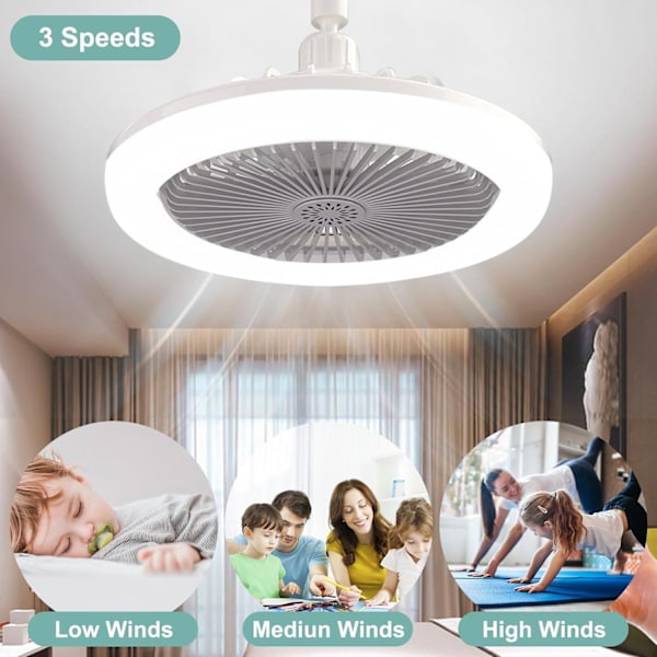 LED Takvifte med Lys, 30W Taklampe med Vifte og Fjernkontroll, Timer, 3 Farger Dimbar LED, 3 Hastigheter, Liten Elektrisk Viftelampe (Hvit)