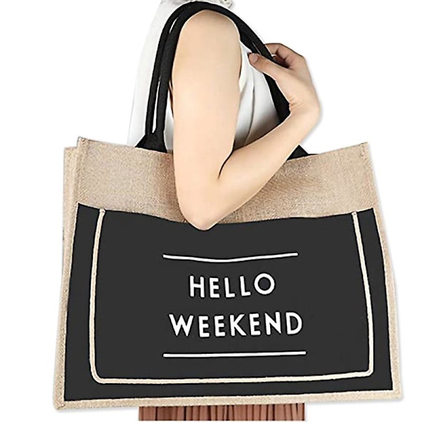 Hellow Weekend Lin Vanntett Fôr Tote Skulderveske Stor Handleveske Black