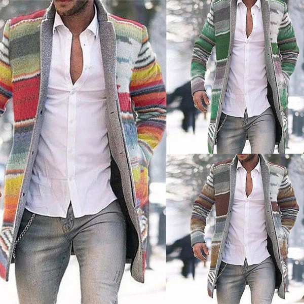 Herre Lange Jakker Varm Vinterfrakke Cardigan Afslappet Trenchcoat Stribet Overtøj Red XL
