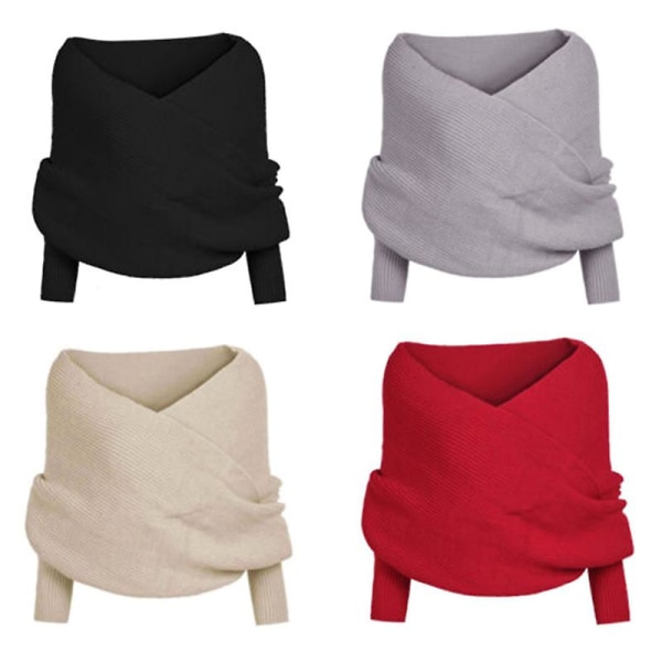 Strikket sweater til kvinder med tørklæde og ærmer - Varmt vintertørklæde Red