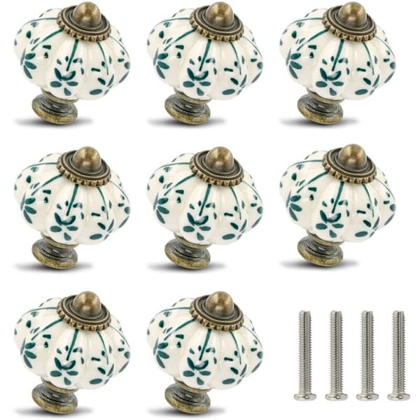 [LCS]12-pack Ivory and Green Ceramic Knobs - Retro Pumpkin Shaped Drawer Pulls for Cabinets and Dressers - FX-
