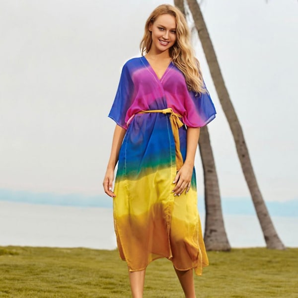 Chiffong Dam Kaftan Strandkläder Regnbågsfärg Solskydd Bikini Överdrag
