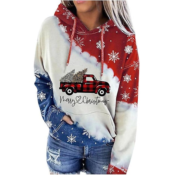 Vintage Sweatshirt Rödvin Glas Dam Huva Patchwork Jultryck Mode Kontrast Mjuk Sweatshirt XL