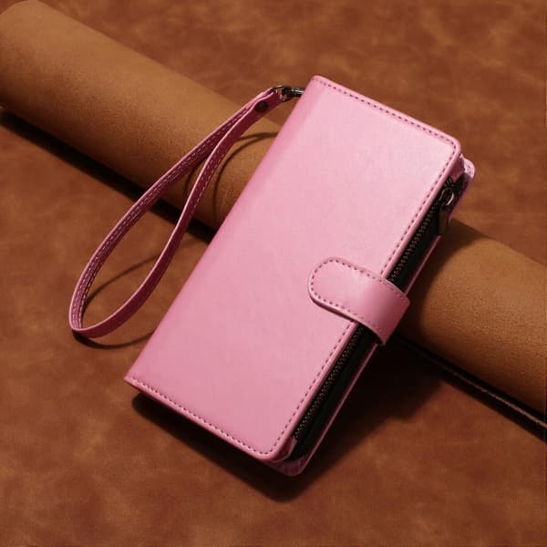 Kompatibelt med iPhone 15 plånboksfodral premium blixtlås stort utrymme flip PU-läderfodral Pink
