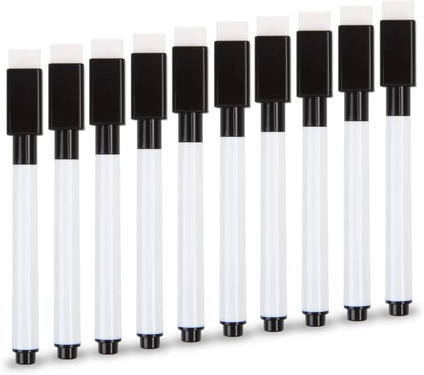 [LCS] Små whiteboardpenne, 10 stk. sorte whiteboardmarkører med viskelæder, fin spids whiteboardpen til børn