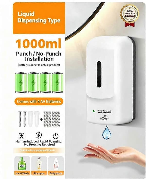 Automatisk Sensor Såpedispenser Veggmontert, 1000ML Berøringsfri Hånddesinfeksjonsdispenser med Justerbare Moduser