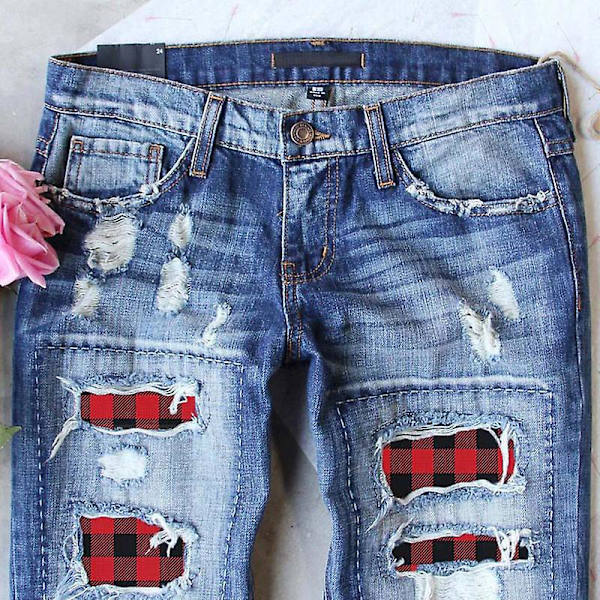Buffalo-rutiga jeans för dam, med revor och lappar, normal passform, långa vardagsjeans i denim med hål Red M