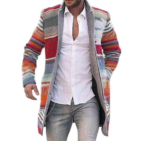 Lang jakke for menn Varm vinterfrakk Cardigan Casual Trenchcoat Stripete yttertøy Red 5XL