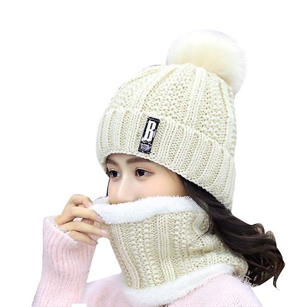 Dam Vinter Varm Hatt Halsduk Set Plus Sammet Stickad Ull Pompom Mössor Julklappar Beige