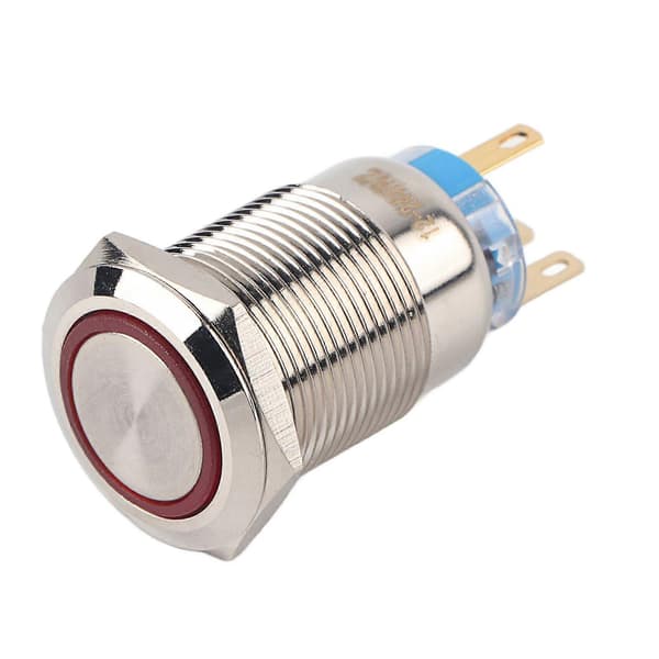 19mm 12-24V Vanntett Rustfritt Stål Selvlåsende Trykknapp Bryter Rød LED