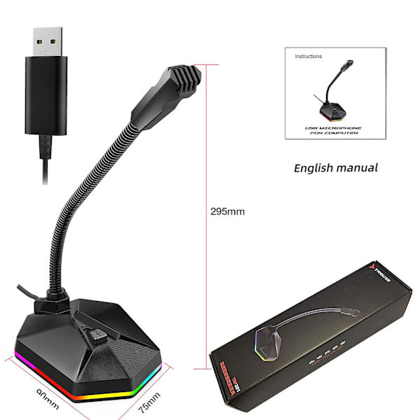 Computer Mikrofon med RGB Lys til Live Streaming, Voice Chat, Spil
