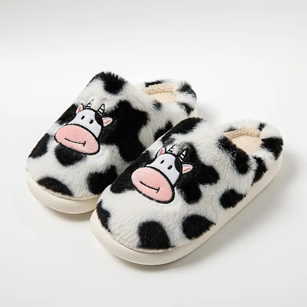 Dame Tegneserie Bomuldssko, Sødt Ko-mønster Plysforede Slip-on Sko, Varme Hjemmesko EU43 44