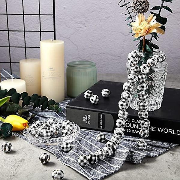 100 st DIY Rutig Tryckta Träpärlor Runda Distanspärlor För Smyckestillverkning Black white