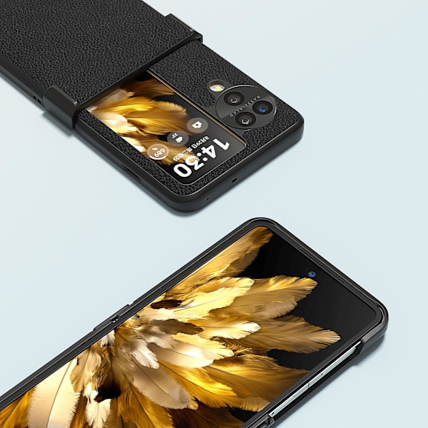 Abeel for Oppo Find N3 Flip 5g Beskyttelsesdeksel med Hengsel Ekte Kuskinn Bakdeksel Black