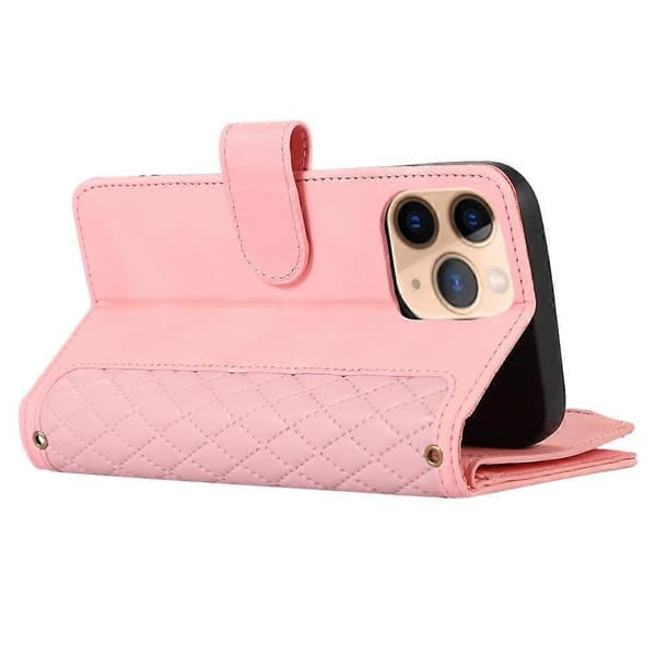 Kompatibelt etui til iPhone 11 Pro med lynlåslomme, læder, 9 kortpladser og håndledsrem PinkGold