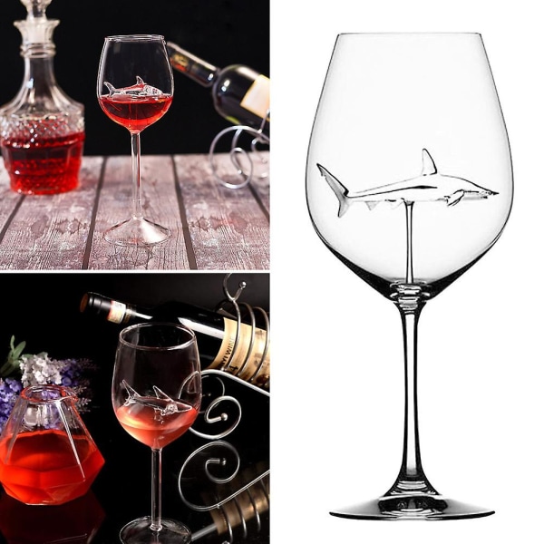Rödvinsglas med haj inuti, bägarglas, klart glas för hembar och fest 4pcs