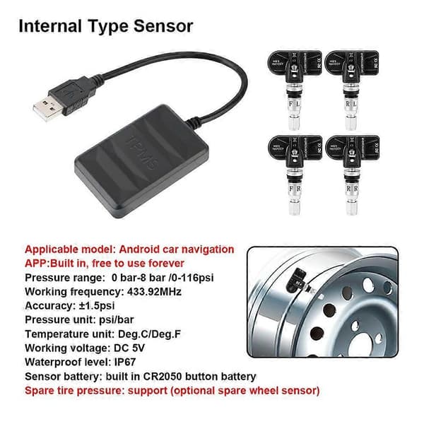 [LCS]USB TPMS Dæktryksovervågningssystem Android TPMS Reservehjul Intern Ekstern Sensor til Bilradio DVD-afspiller Tire Manometer