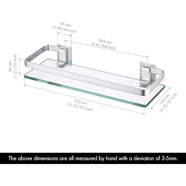 [LCS] Bathroom Glass Shelf in Aluminum, Tempered Glass, 8mm, Extra Thick, 1 pc, Rectangular, 1-Layer Storage Organizer, Wall Mounted, Silver