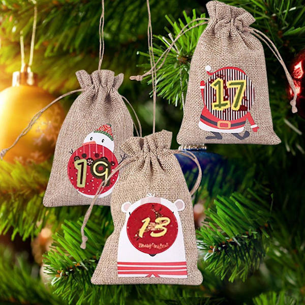24 stk./sæt Julekalenderpose DIY Linned Snørepose Gaveposer Slikopbevaring Jute Sæk Juletræ Hængende Ornamenter