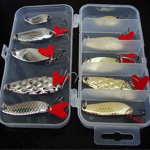 10 st Metall Vib Fiskedrag Bass Sked Crank Bait Saltvatten Fiskeutrustning Krokar Med Låda