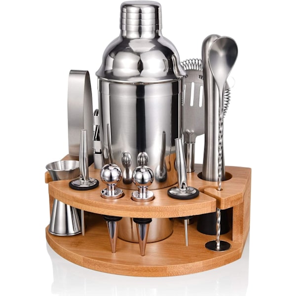 12-delars cocktailset, professionell bartenderkit med elegant bambuställ, rostfria barverktyg för blandade drinkar