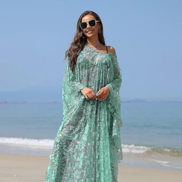 [LCS] Strandöverdrag Boho Spetskimono Plus Size Bikini Robe Baddräkt för kvinnor Solid-MXBC Mint Green