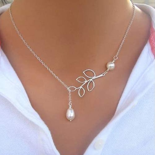 Pearl Silver halsband för kvinnor och flickor blad hänge Collar Bone Choker smycken
