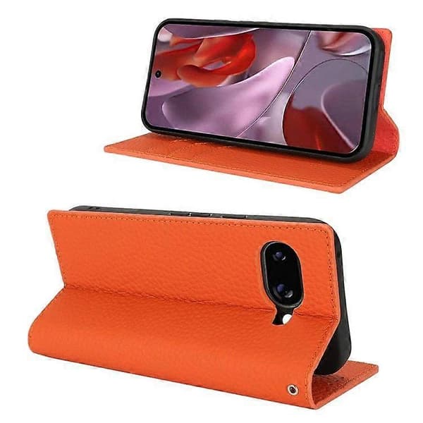 För Google Pixel 9a Plånboksfodral Äkta Kohud Telefonfodral Litchi Textur Orange