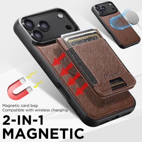 [LCS]iPhone 17 Case - Cross Grain Leather with MagSafe and Detachable Wallet Brun