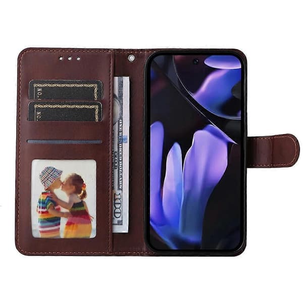 Klassisk kalvetekstur flip læder telefoncover til Google Pixel 9a Brown