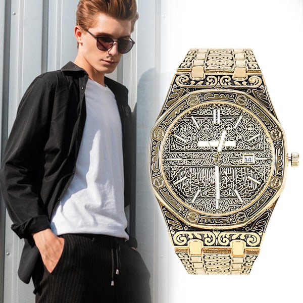 Mecca Edition Vintage Udskåret Ur Luksus Islamisk Armbåndsur Til Mænd Business Gold Pink