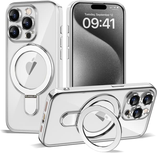 [LCS] iPhone 15 Pro Case with Invisible Magnetic Ring Stand [MagSafe Compatible] [Full Camera Lens Protection] Plated Clear for iPh Silver