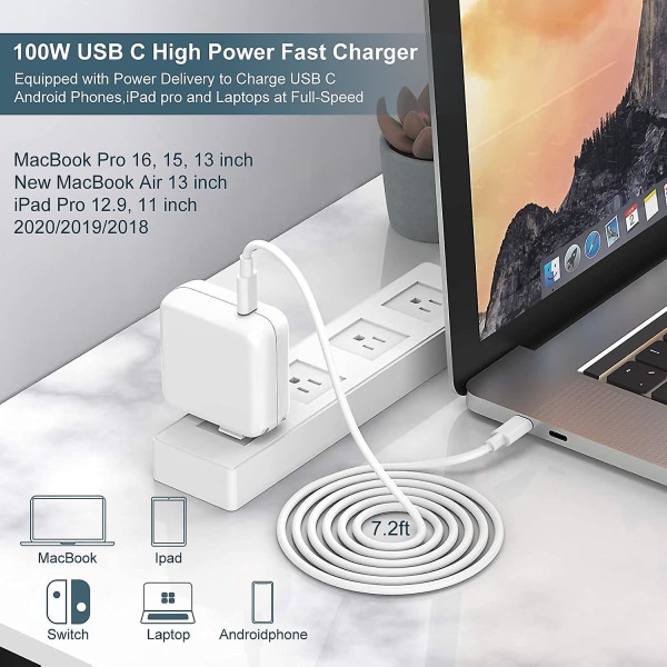 Laddare 100w USB C laddare power kompatibel med Macbook Pro 16, 15, 14, 13 tum, Macbook Air 13 tum, Ipad Pro 2021/2020/2019/2018, inkl.