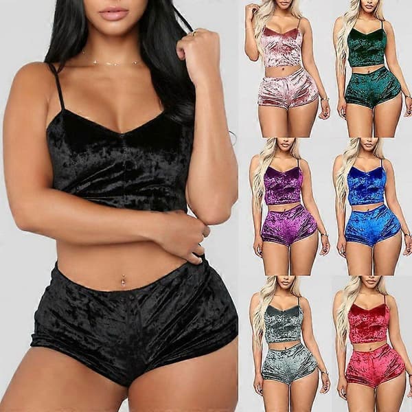 [LCS] Kvinnors sammetsovkläder Mode Sexig Spaghetti Strap Shorts Pyjamas Set Pink XXL