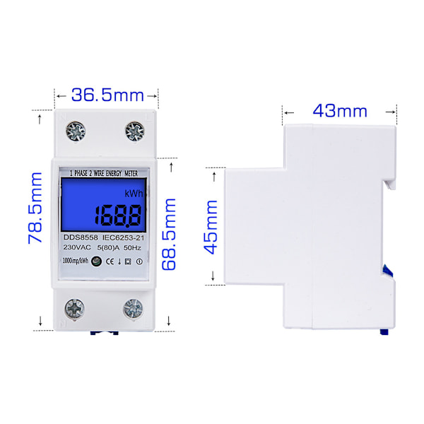 [2 stycken] elmätare 5-80A 230V 50Hz digital elmätare med LCD-display elektrisk divisionsmätare 1-fas 2-polig 2P DIN-skena