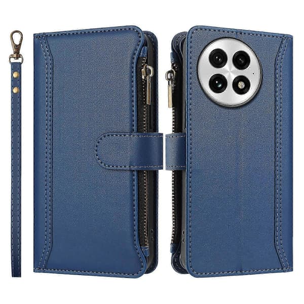 Kompatibelt skinnfutteral for OnePlus 13 med 9 kortspor, glidelåslomme, stativ og håndleddsstropp DarkBlue