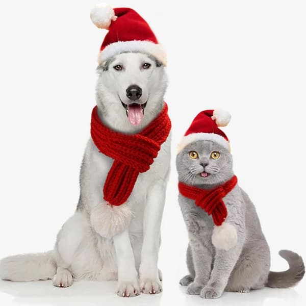 Julehat, halstørklæde og kostume til kæledyr, katte og hunde, M, festlig